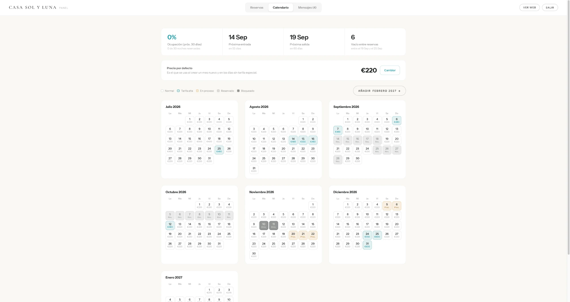 Panel de administración — pestaña Calendario